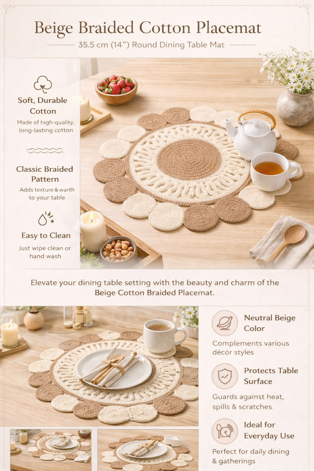 Beige katoenen gevlochten placemat – handgemaakte eetmat