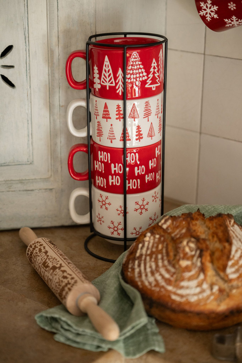 J-Line kop Kerstmis Dolomiet - keramiek - rood/wit - set van 4