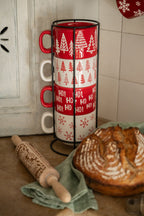 J-Line kop Kerstmis Dolomiet - keramiek - rood/wit - set van 4
