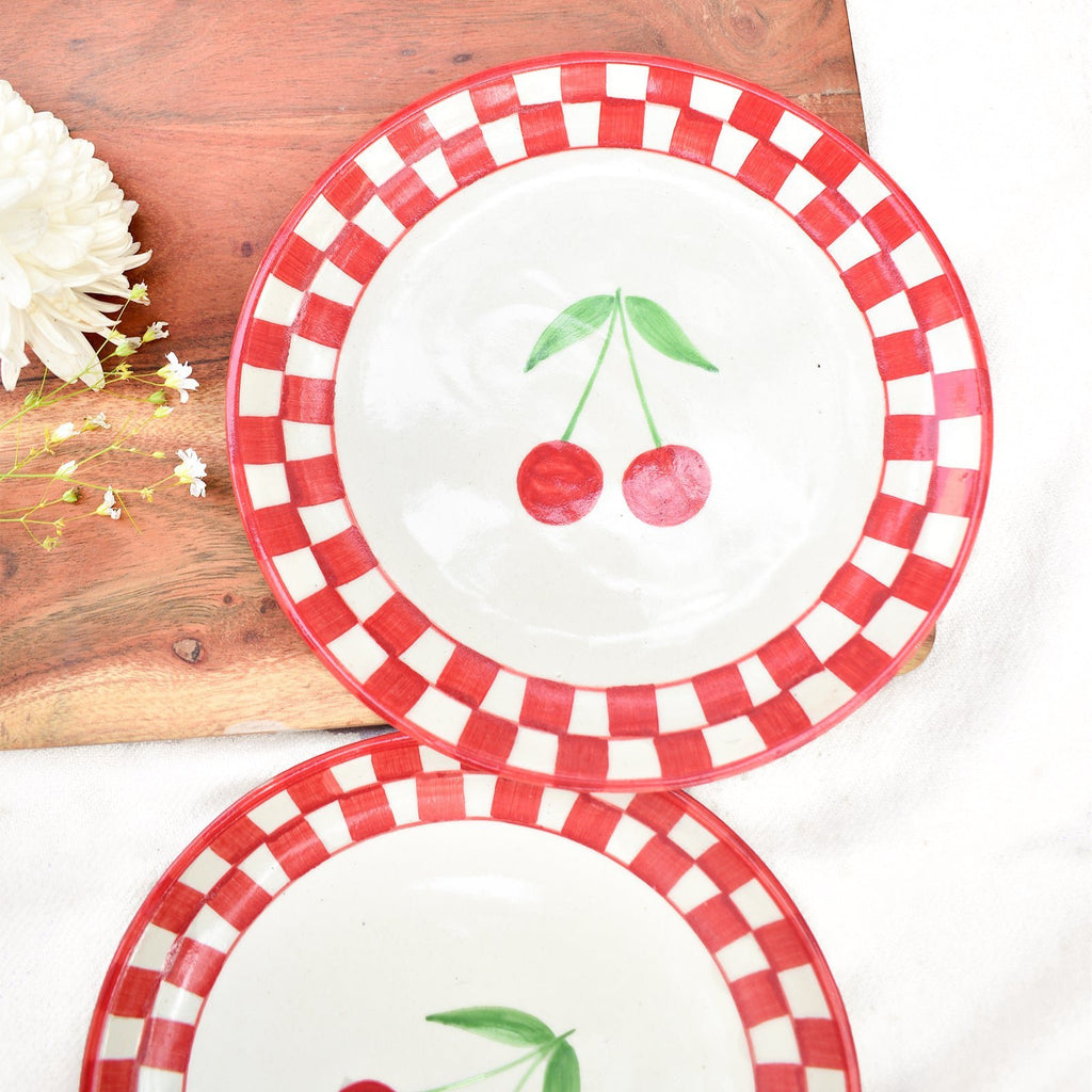 Serveerbord | Keramiek Geruit Kers | Set van 2, 7 inch