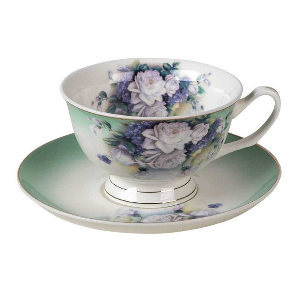 Kop en Schotel 200 ml Groen Wit Porselein Bloemen Servies
