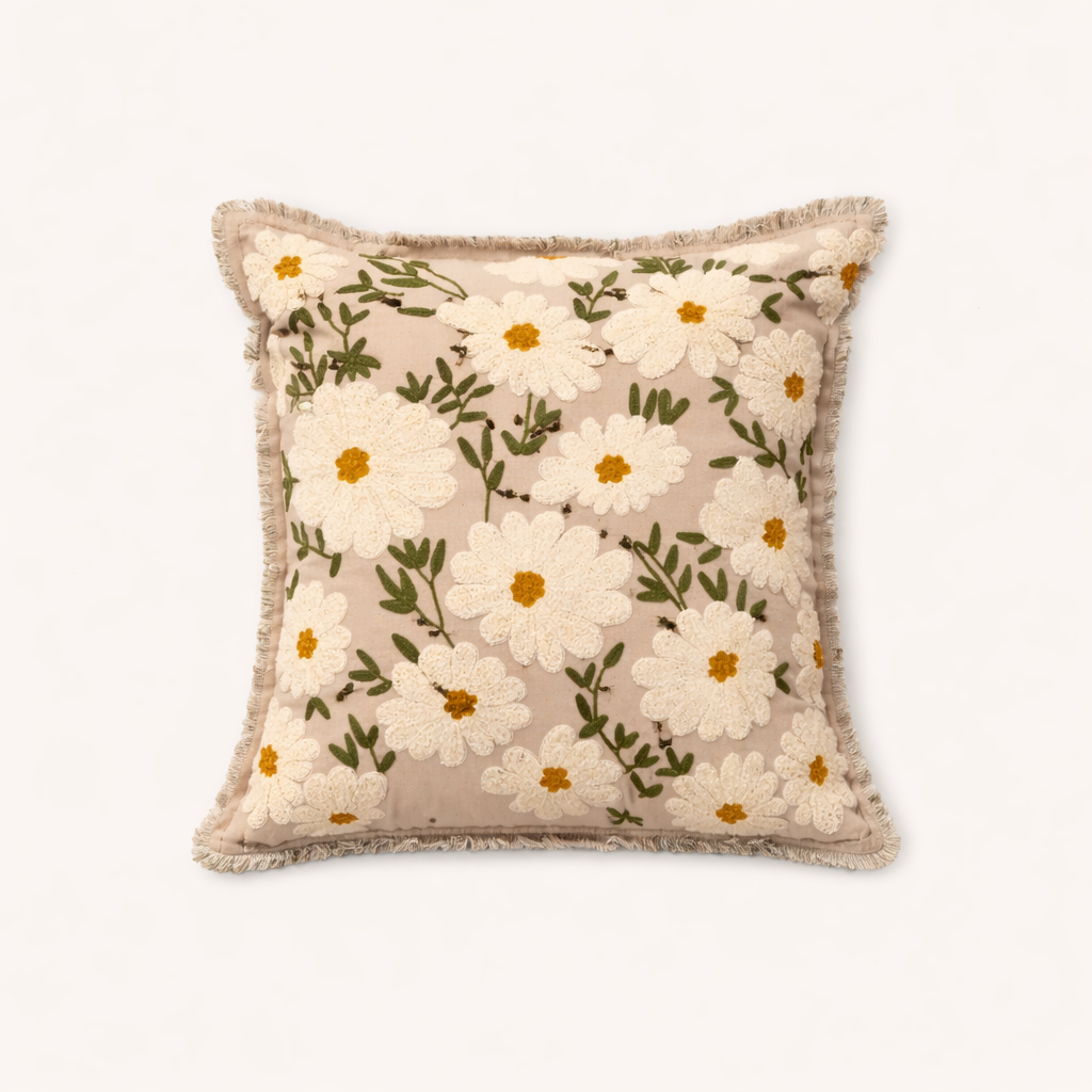 Geborduurd katoenen kussen - Flora Daisy Design - 45 x 45 cm