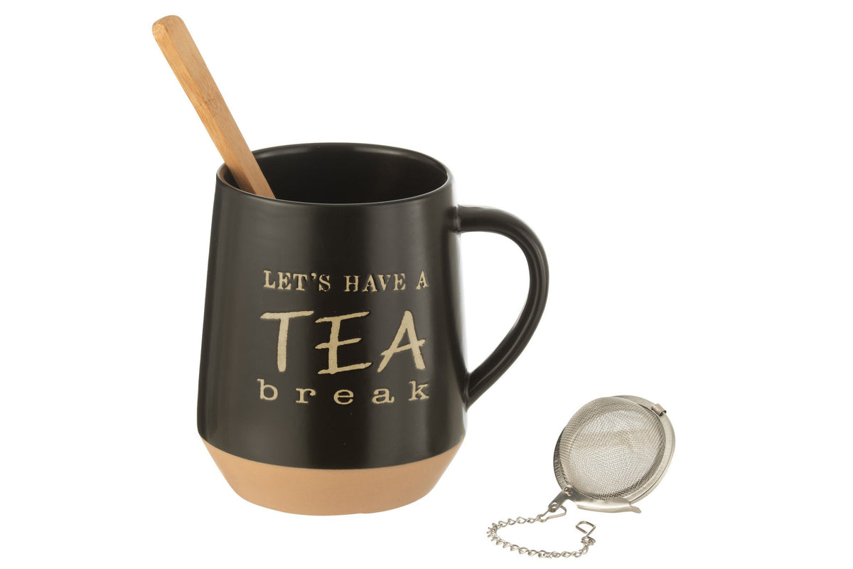 J-Line Theetas+Lepel+Theebal Keramiek Zwart
