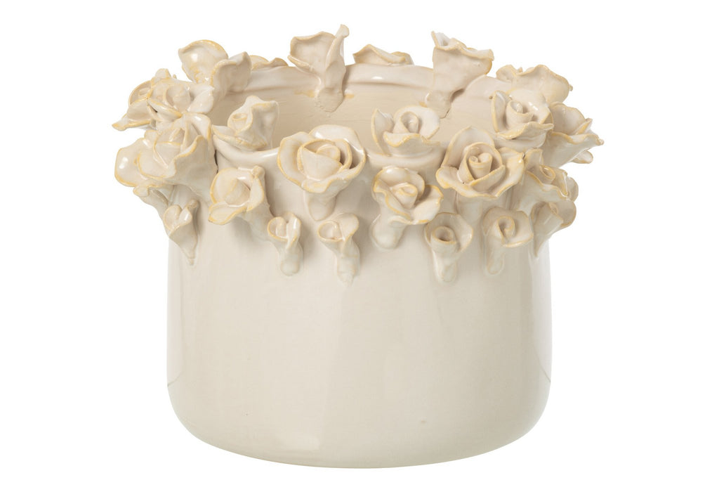 J-Line Bloempot met rozen - keramiek - ecru - large