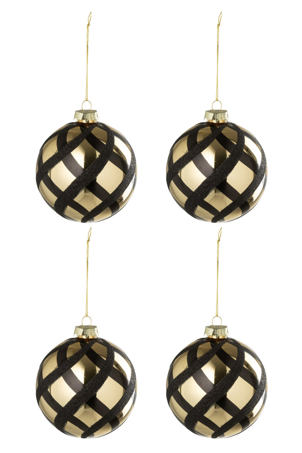 J-Line kerstbal Geruit - glas - goud/zwart - doos van 4