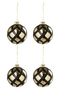 J-Line kerstbal Geruit - glas - goud/zwart - doos van 4