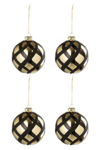 J-Line kerstbal Geruit - glas - goud/zwart - doos van 4