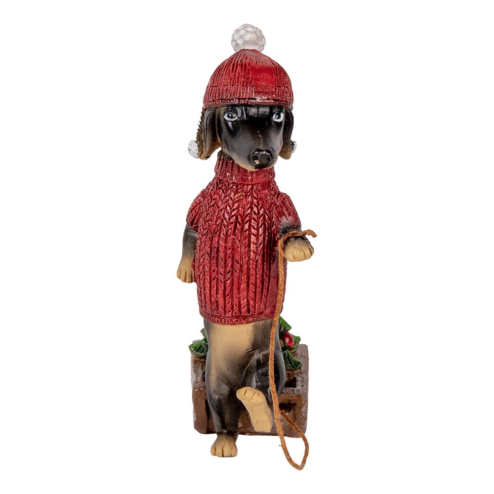 Kerstdecoratie Beeld Hond Teckel 8x4x13 cm Bruin Rood Kunststof