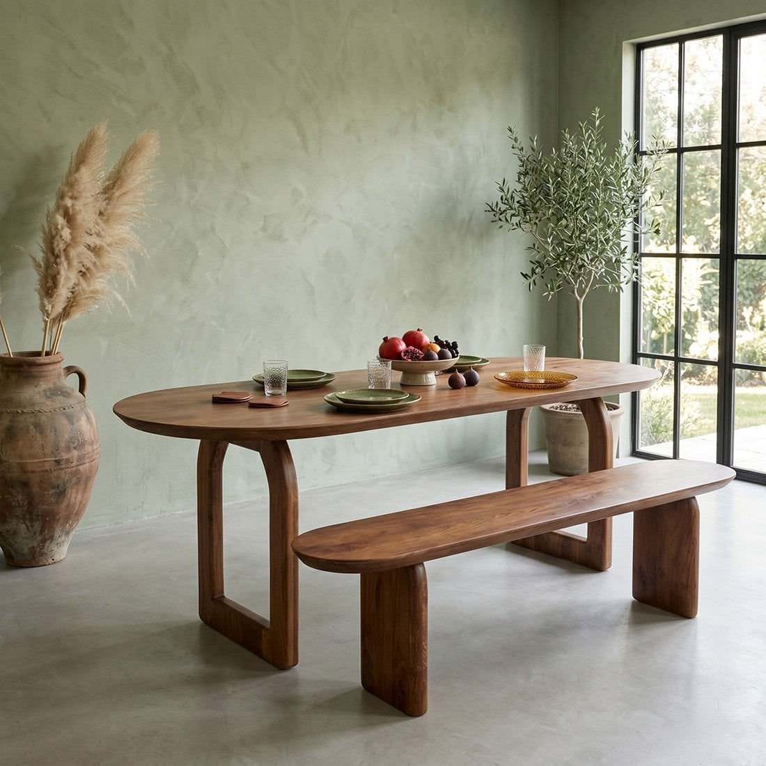 Bullnose mangohouten eetkamerbank bruin