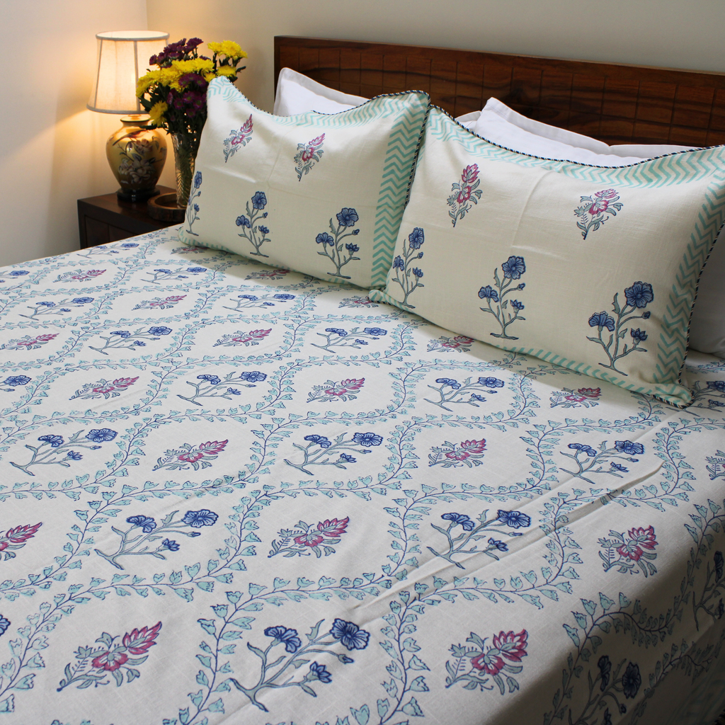 Laken | Handblok Lotus Garden Indigo & Blush | 3-delige set
