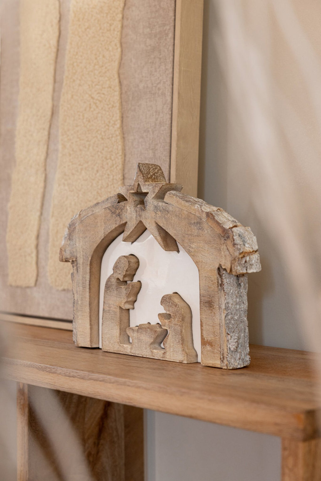J-Line Kerststal - mangohout - naturel/wit - medium