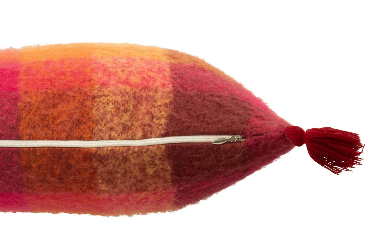 J-Line kussen Ruitjes + Kwastjes - textiel - oranje/bordeaux