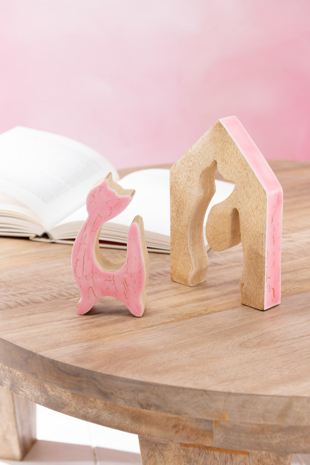 J-Line decoratie Huis Kat - hout - roze/naturel - large