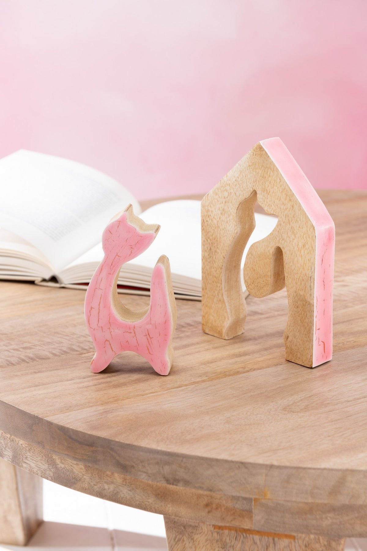 J-Line decoratie Huis Kat - hout - roze/naturel - large