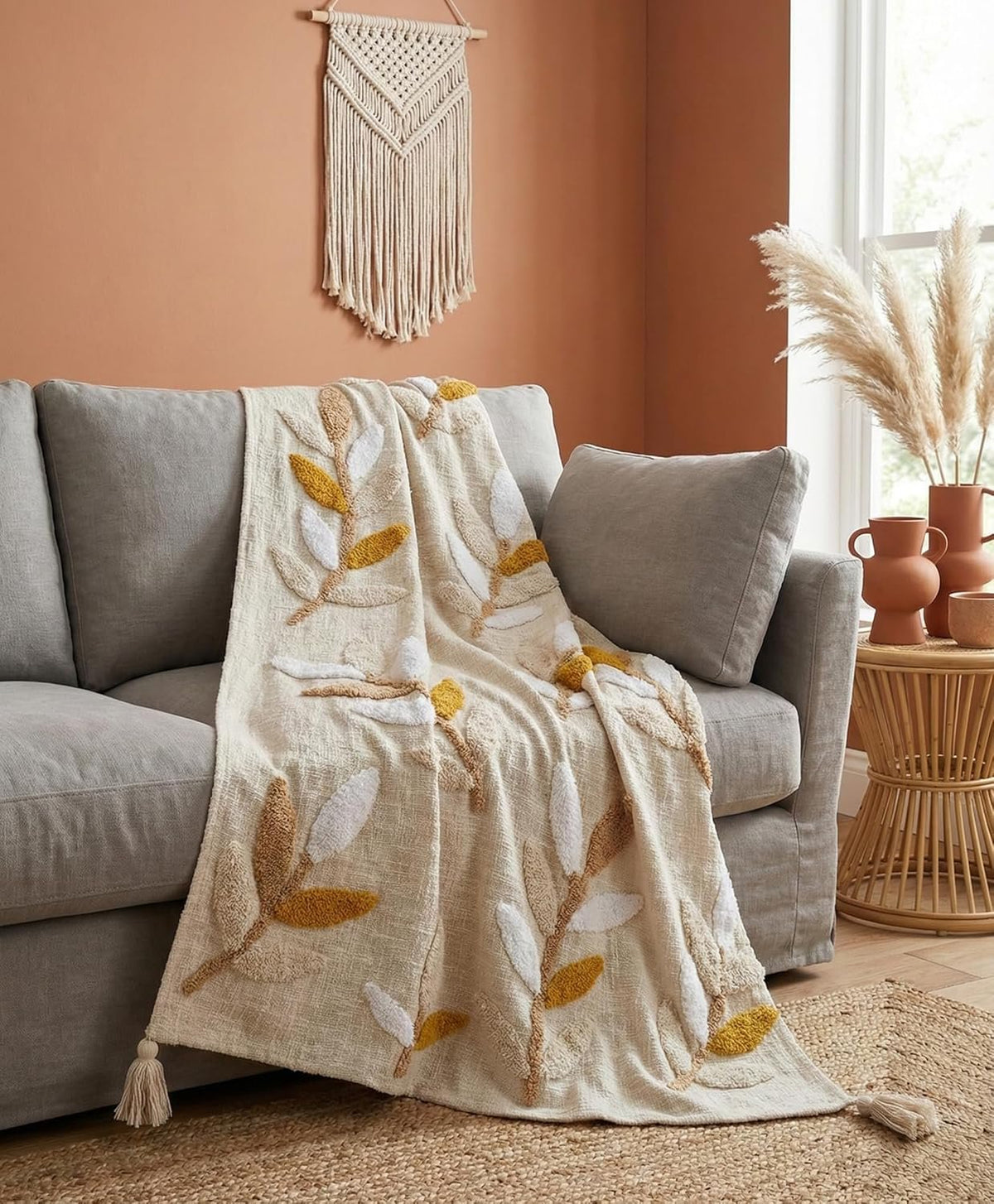 Handgetufte katoenen banksprei en kussenset – bij elkaar passend 3-delig decor – 50x60" plaid, 2x 16x16" hoezen