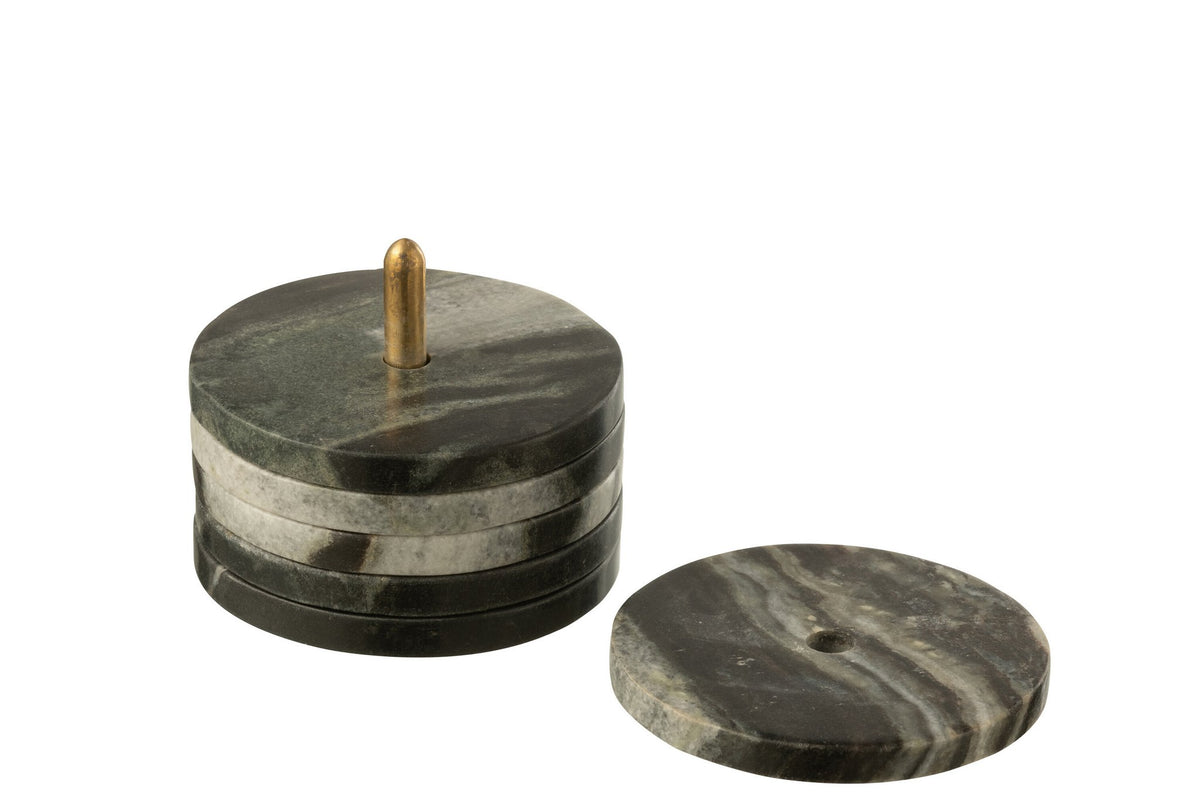 J-Line onderzetter Rond Marmer - steen - zwart/grijs - set van 6