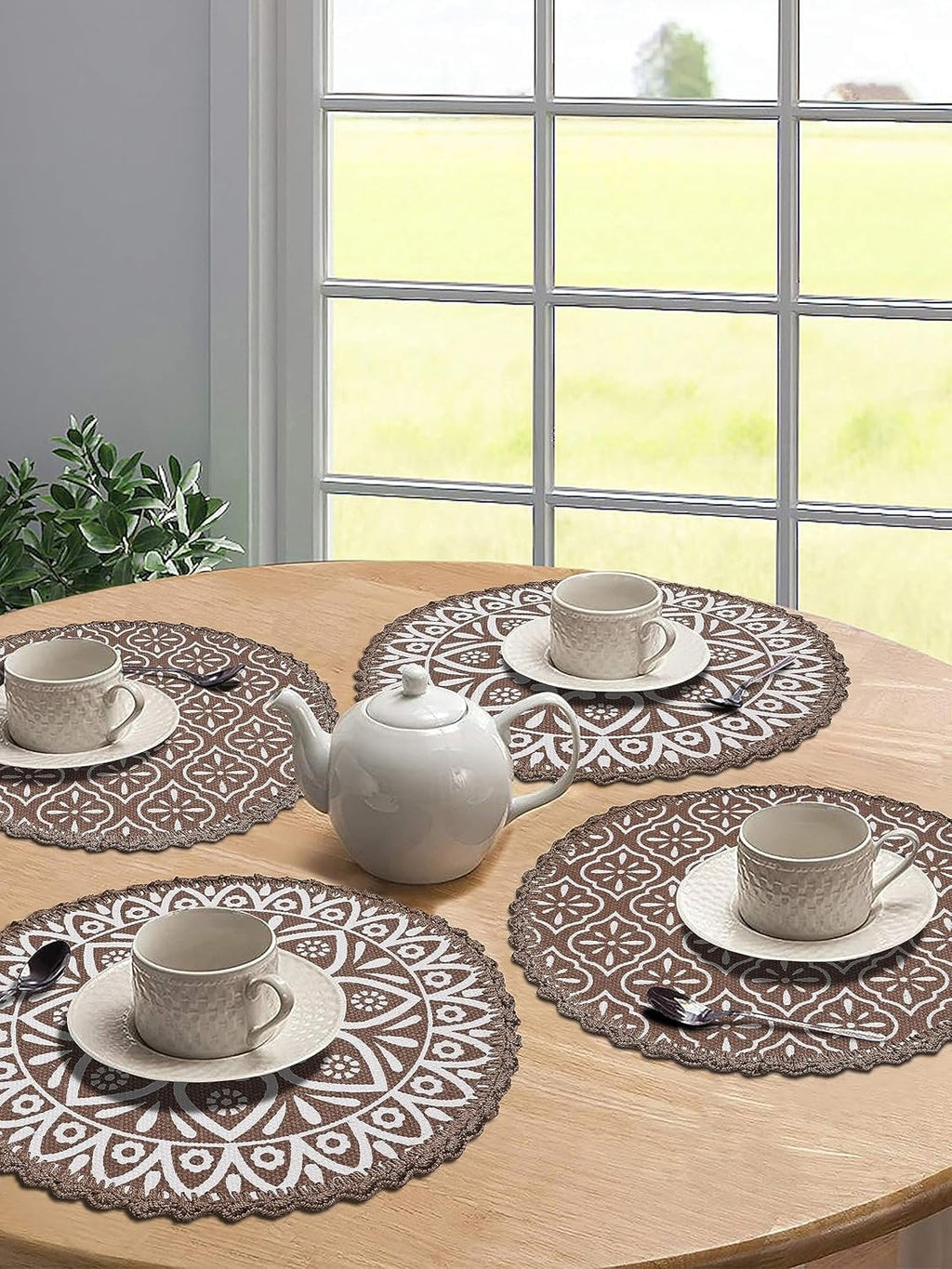 Placemats – Jute & Katoen Gehaakt Antislip – Rond 38cm, Set van 4
