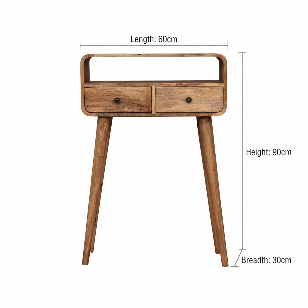 Massief hout, kleine gebogen console, licht eiken afwerking