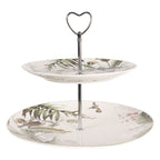 Etagère 2 laags Ø 26x24 cm Wit Groen Porselein Vogels Taartplateau op Voet