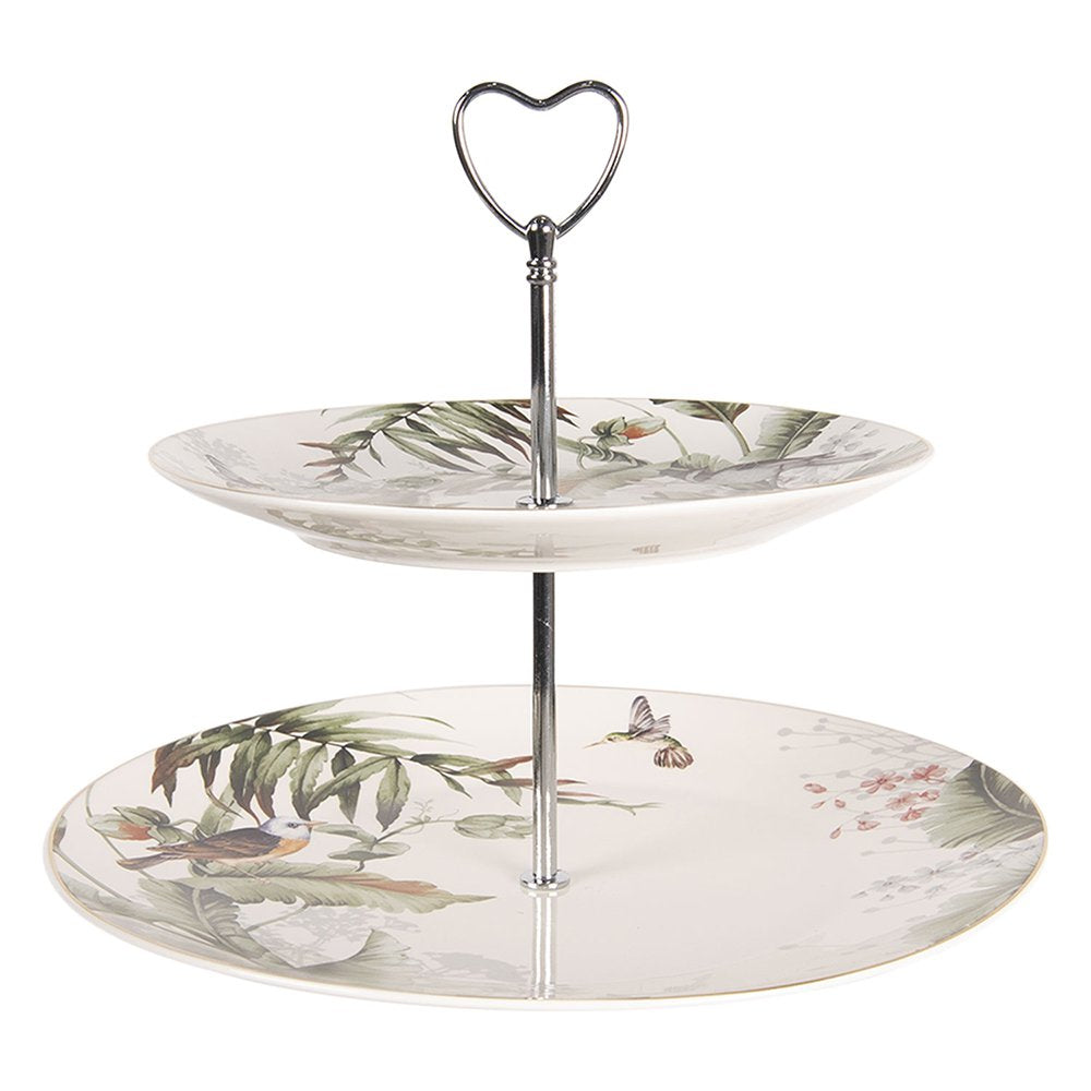Etagère 2 laags Ø 26x24 cm Wit Groen Porselein Vogels Taartplateau op Voet