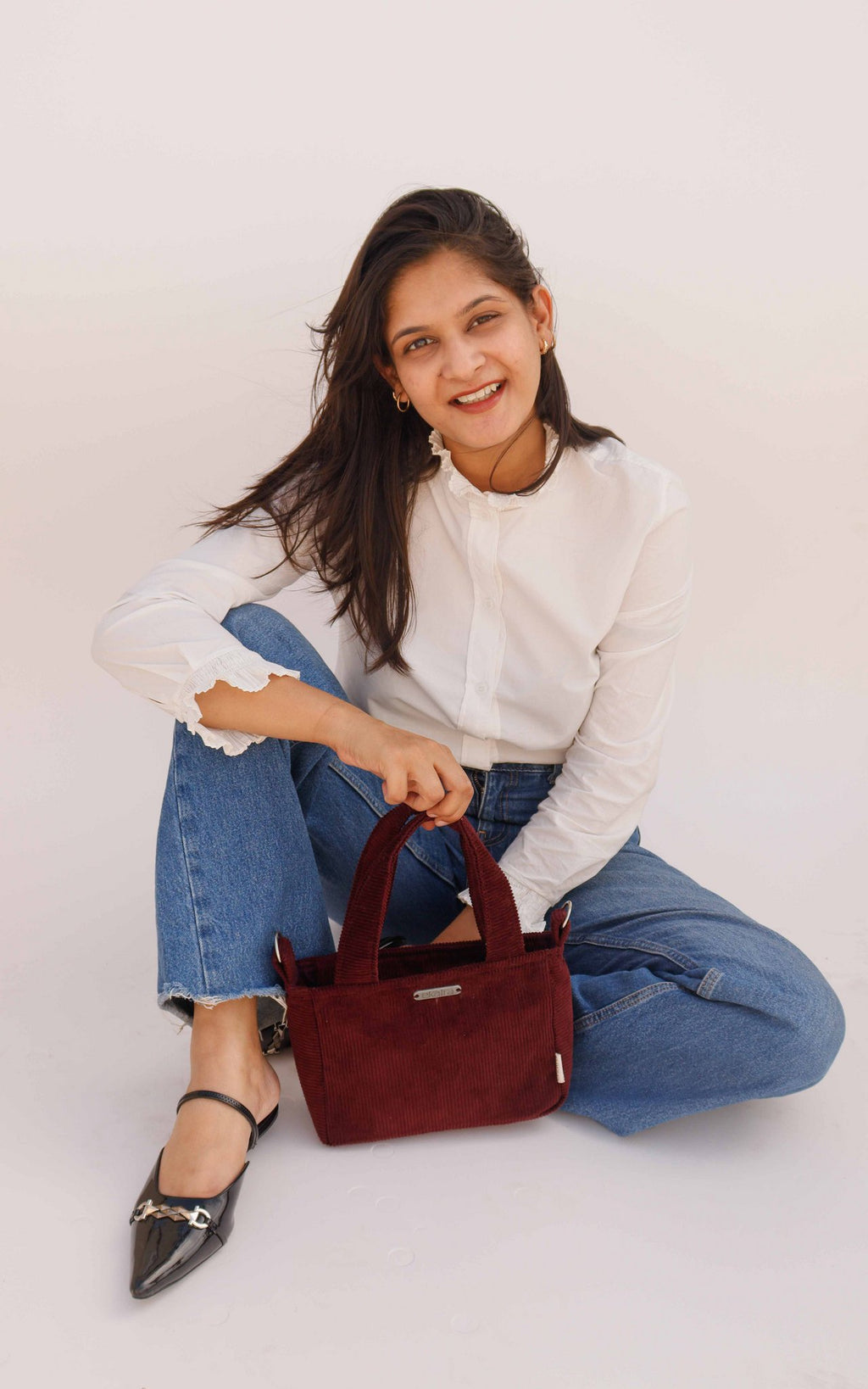 Handgeverfde corduroy draagtas met afneembare riem - Mini
