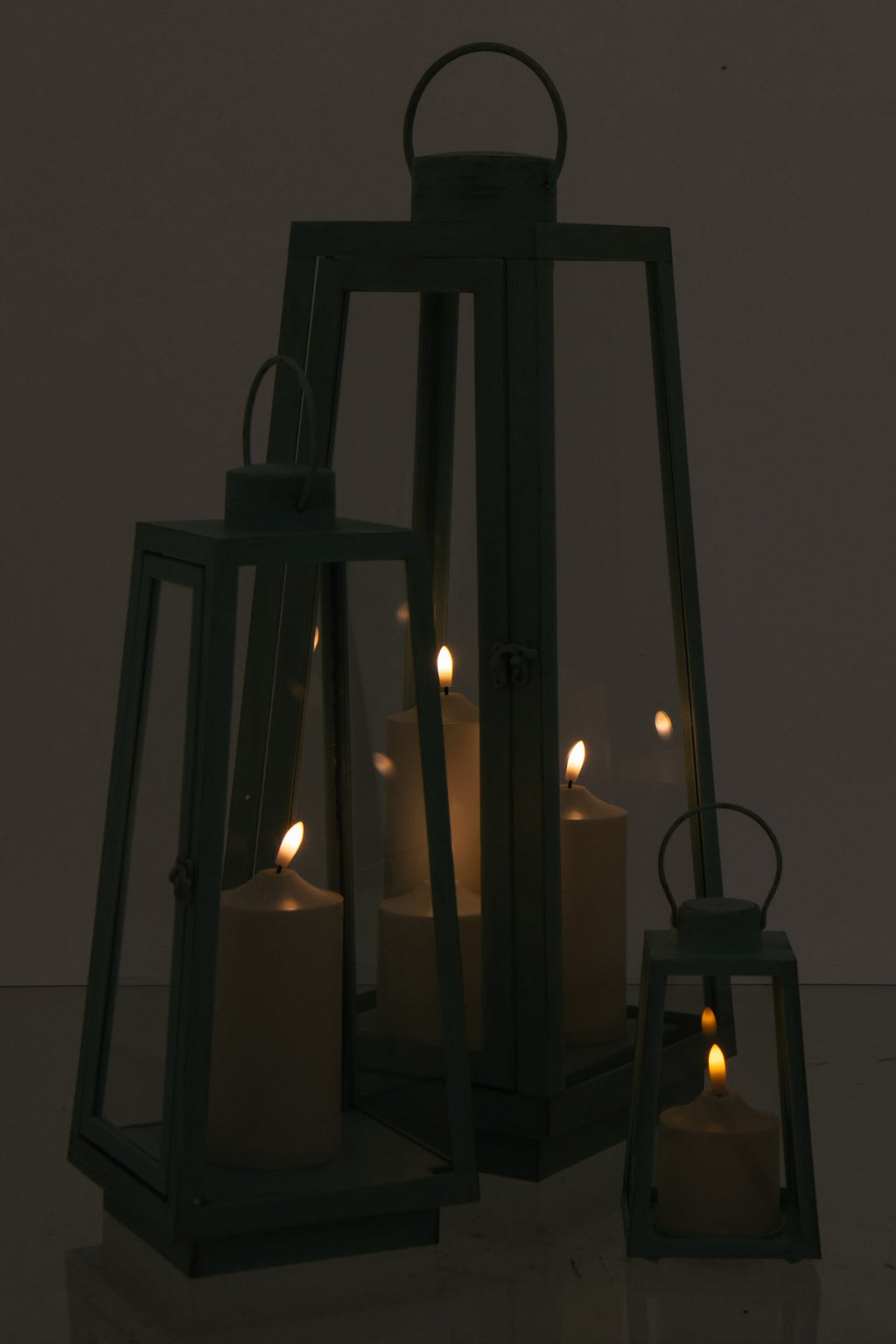 J-Line lantaarn + kaars - glas - turkoois - L - LED lichtjes