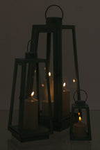J-Line lantaarn + kaars - glas - turkoois - L - LED lichtjes