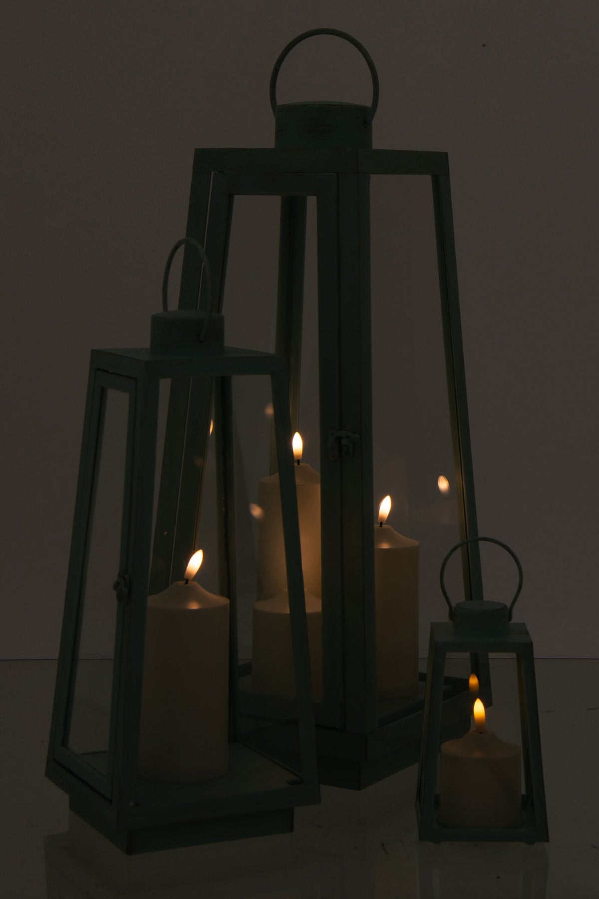 J-Line lantaarn + kaars - glas - turkoois - L - LED lichtjes