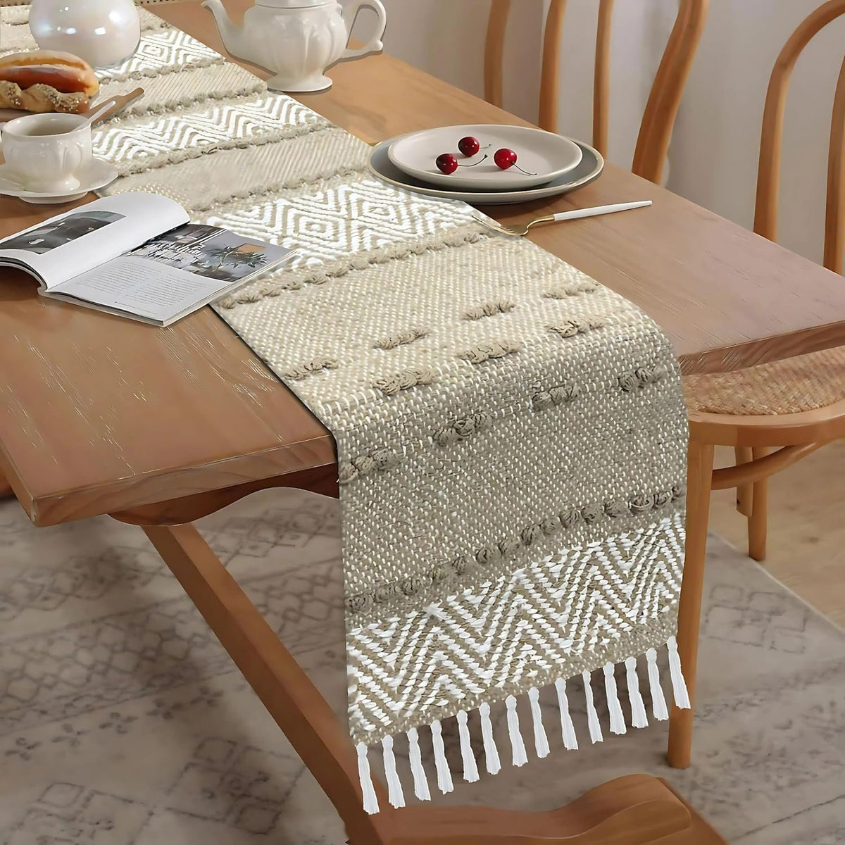 Tafelloper – geweven katoenjutemix, beige/witte zigzag – 13x74 inch