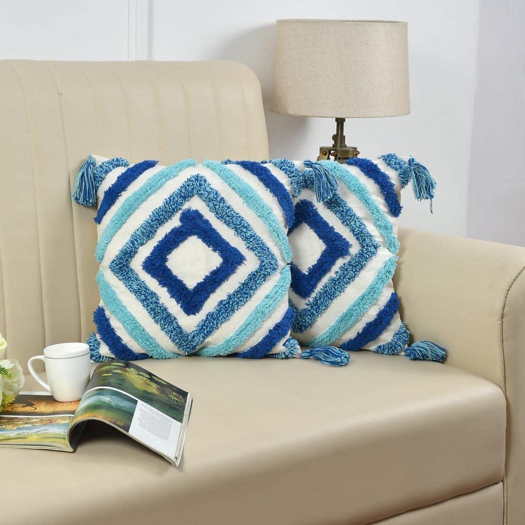 Decoratieve kussenhoes – getuft geometrisch, pomponrand – 16x16 inch, enkele eenheid