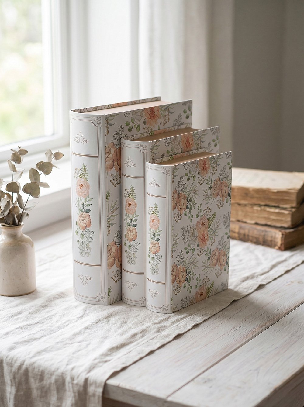 Opbergdoos Set van 3 Boeken 29x24x7/25x20x6/22x16x5 cm Wit Groen Karton Bloemen