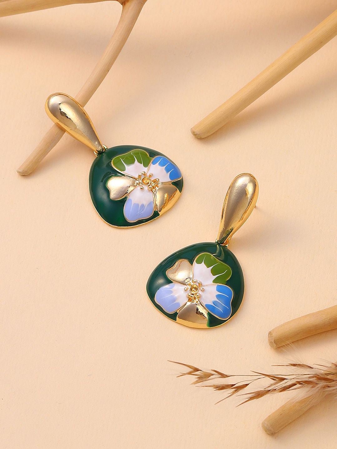 Vergulde eigentijdse Hana-druppeloorbellen – mode-sieraden – groen en blauw – 2,5 cm lengte