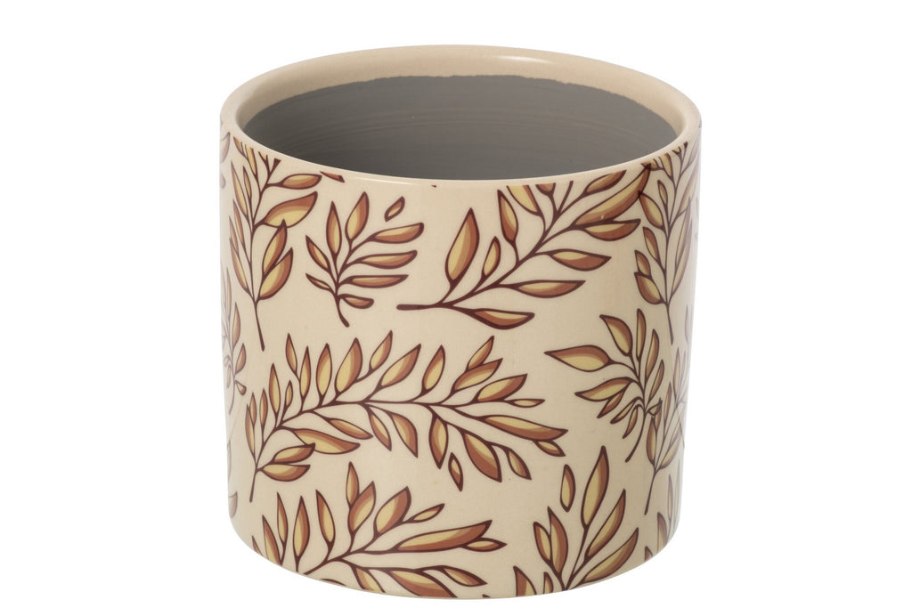 J-Line Bloempot met bladeren - keramiek - ecru/bruin - large