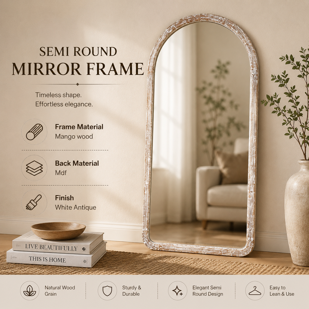 Halfronde wandspiegel in antiek wit mangohouten frame