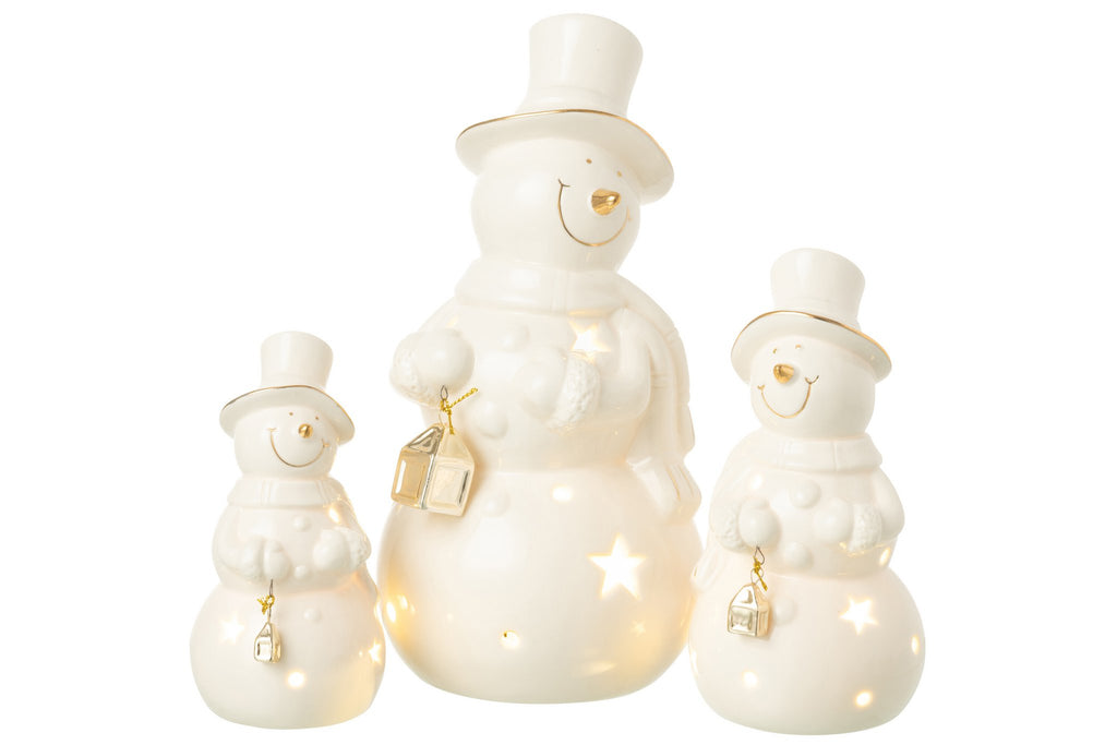 J-Line figuur Sneeuwman - porselein - ecru - L - LED lichtjes