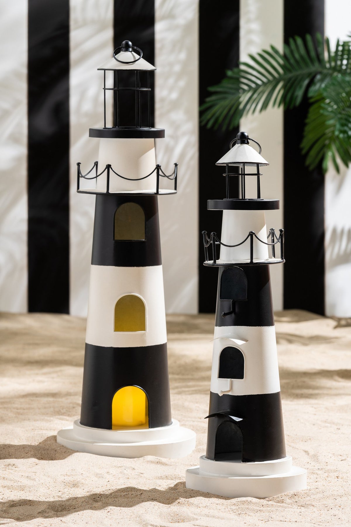 J-Line decoratie Vuurtoren met licht - metaal - zwart/wit