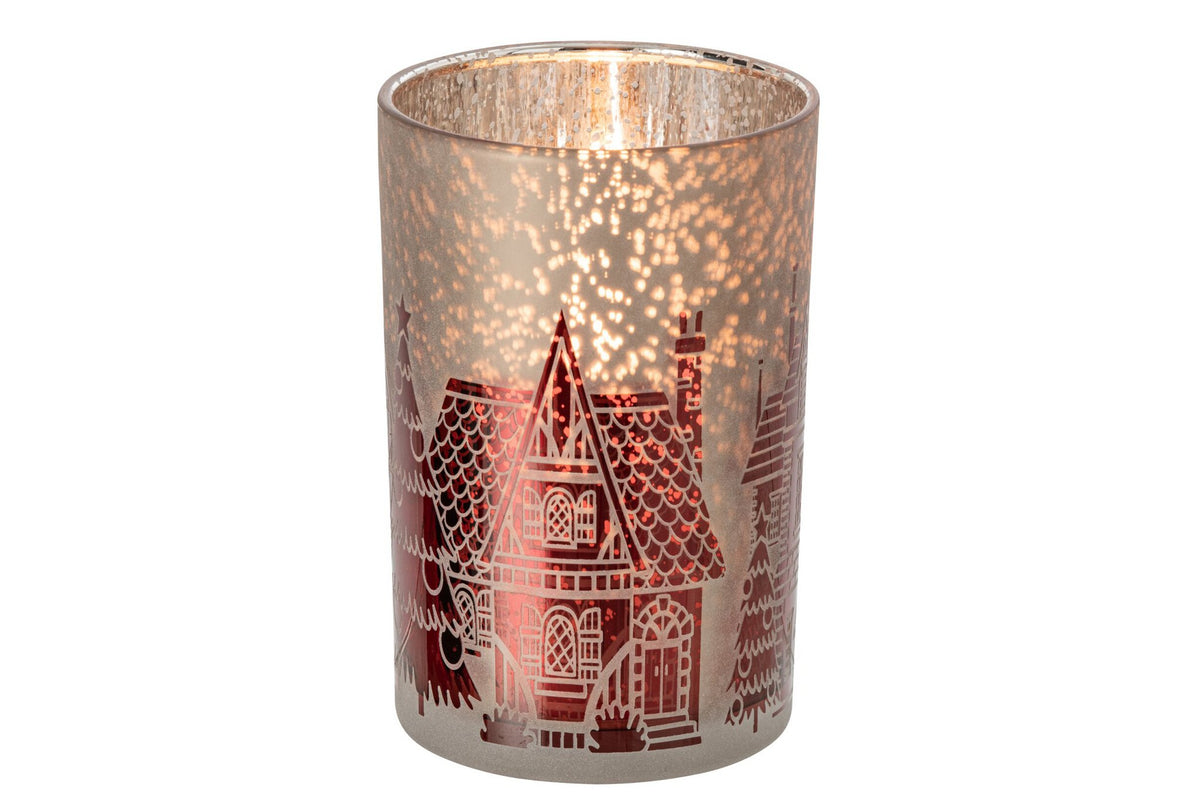 J-Line Windlicht - glas - kerstrood/grijs - L