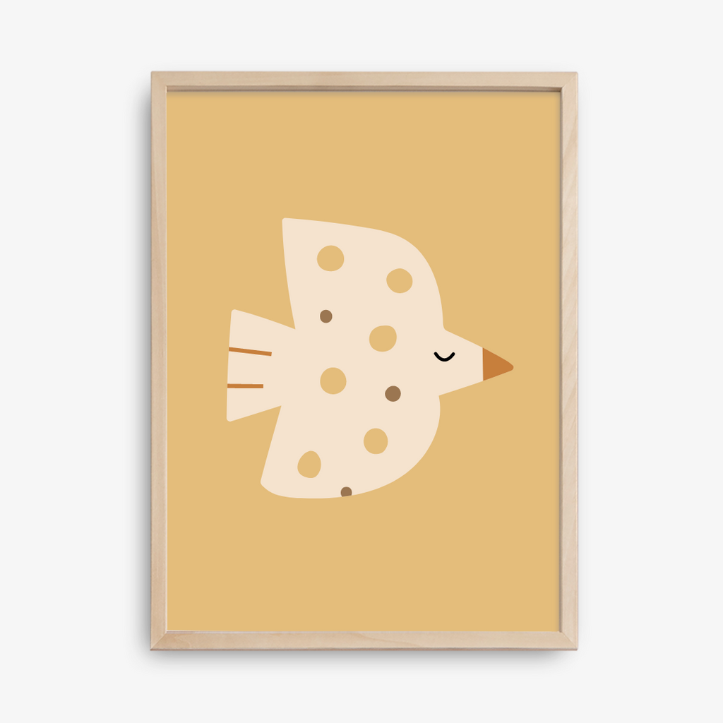 Gestippelde vogelposter - geel, ecopapier en verpakking