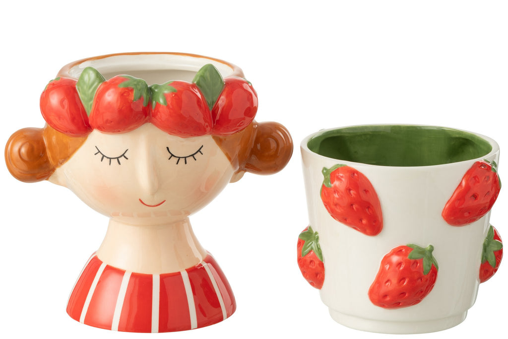 J-Line bloempot 2 Delen Aardbei Meisje - keramiek - mix - Ø 17.5 cm
