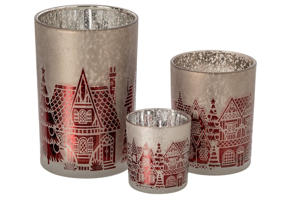 J-Line Windlicht - glas - kerstrood/grijs - L