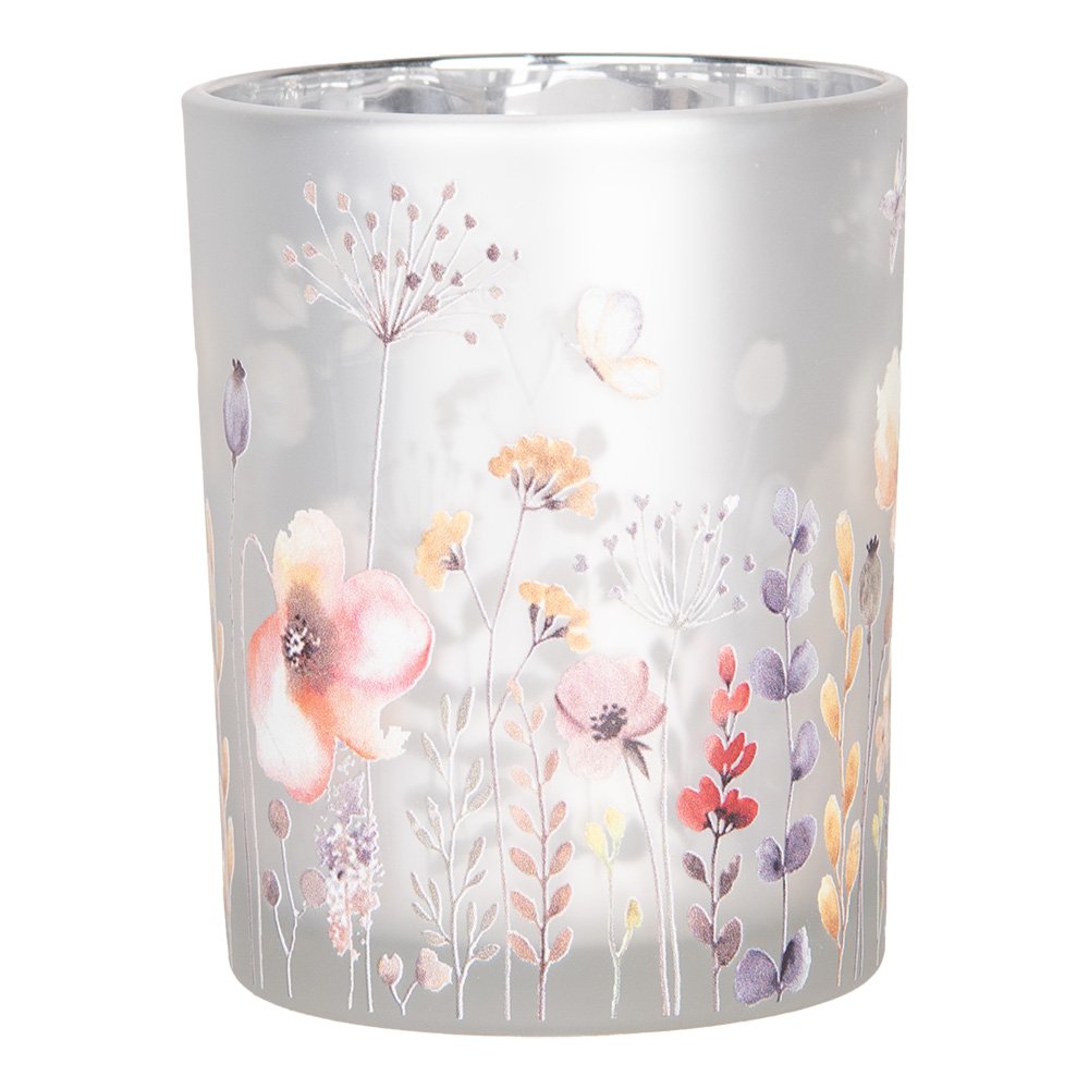 Theelichthouder Set van 2 Ø 7x8 / 10x13 cm Grijs Glas Bloemen
