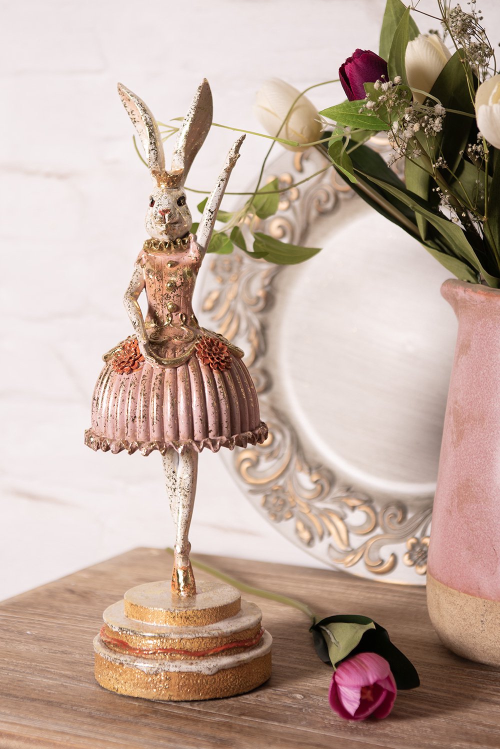 Beeld Konijn 11x11x35 cm Roze Beige Polyresin