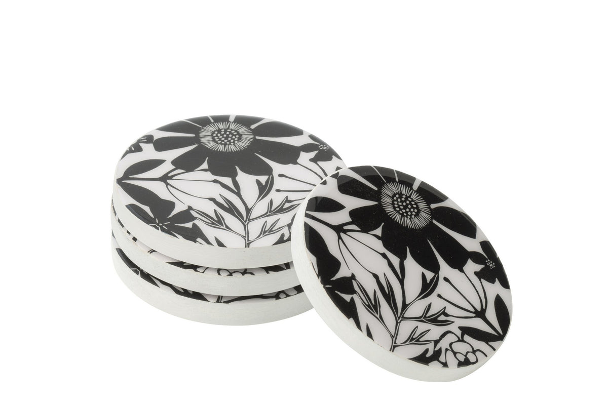 J-Line onderzetter Bloemen - hout - zwart/wit - set van 4