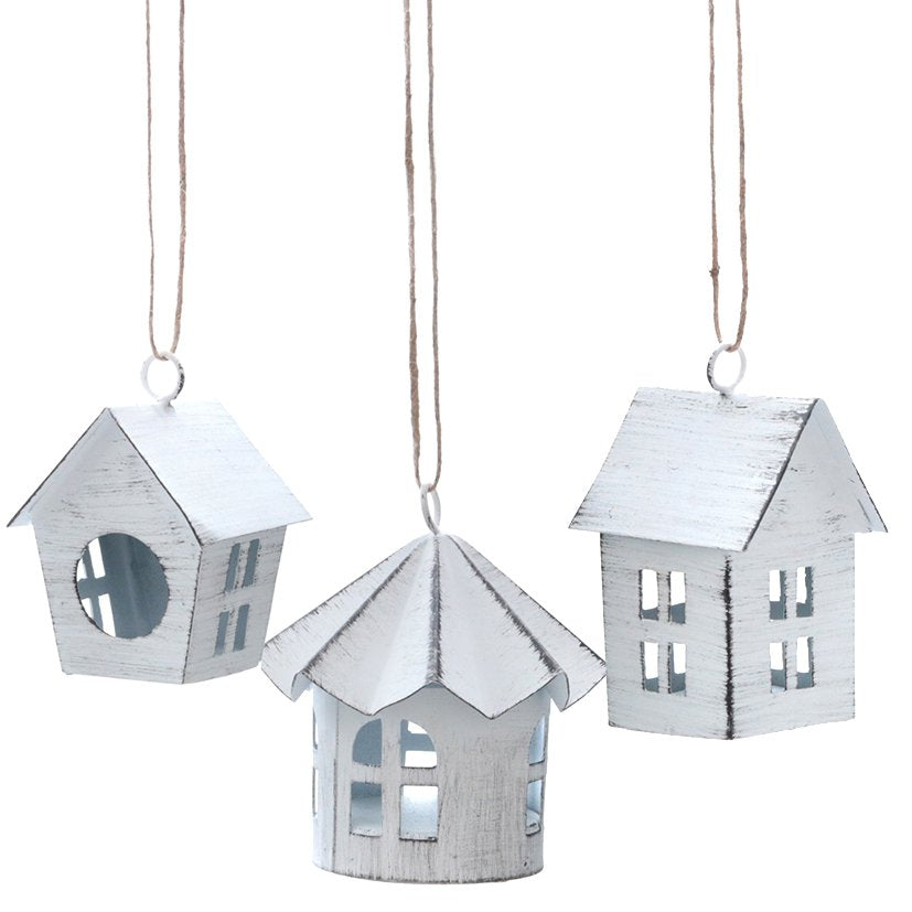 Metalen hanger vogelhuisje 7/8/9cm white-wash