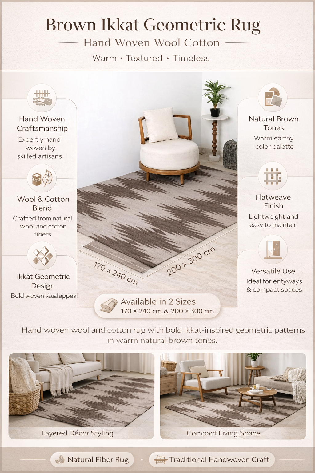 Geometrisch vloerkleed – handgeweven wollen katoen-bruine Ikkat