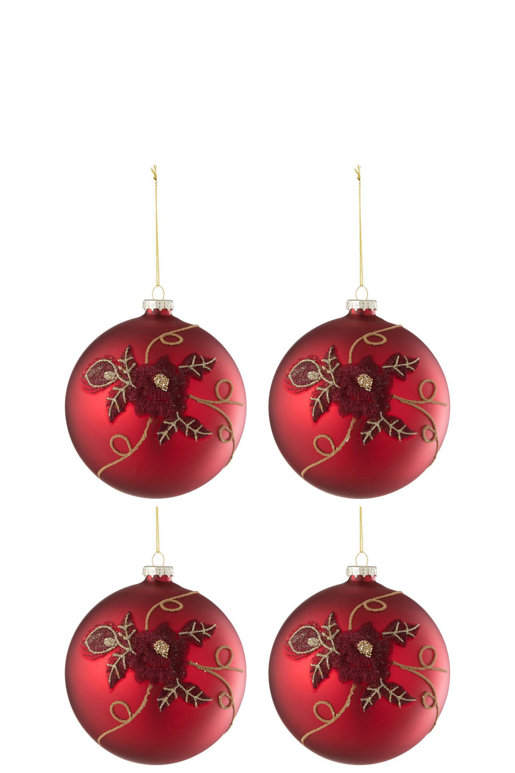 J-Line Doos Van4 Kerstbal Bloem Glas Rood Small