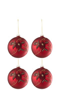 J-Line Doos Van4 Kerstbal Bloem Glas Rood Small