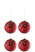 J-Line Doos Van4 Kerstbal Bloem Glas Rood Small