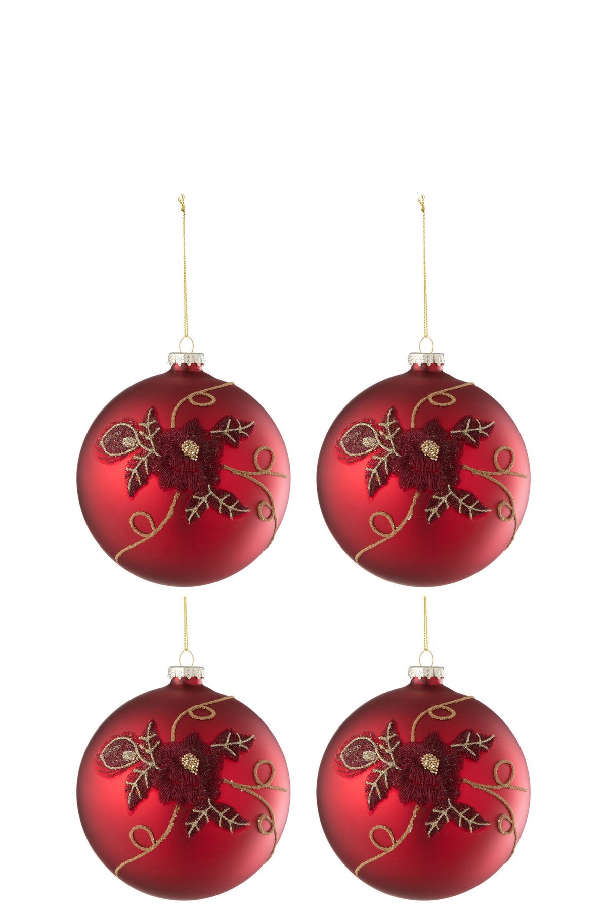 J-Line Doos Van4 Kerstbal Bloem Glas Rood Small