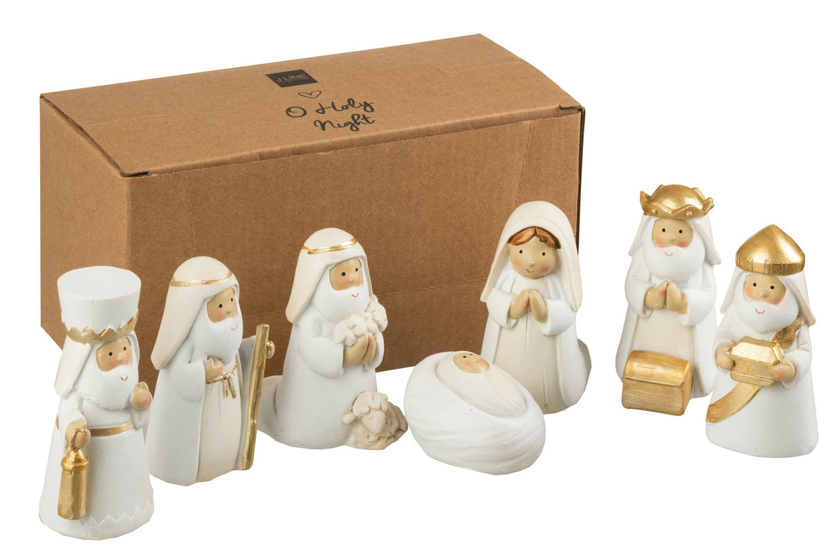 J-Line Kerststal Scene 7 Delen Resin Wit/Goud